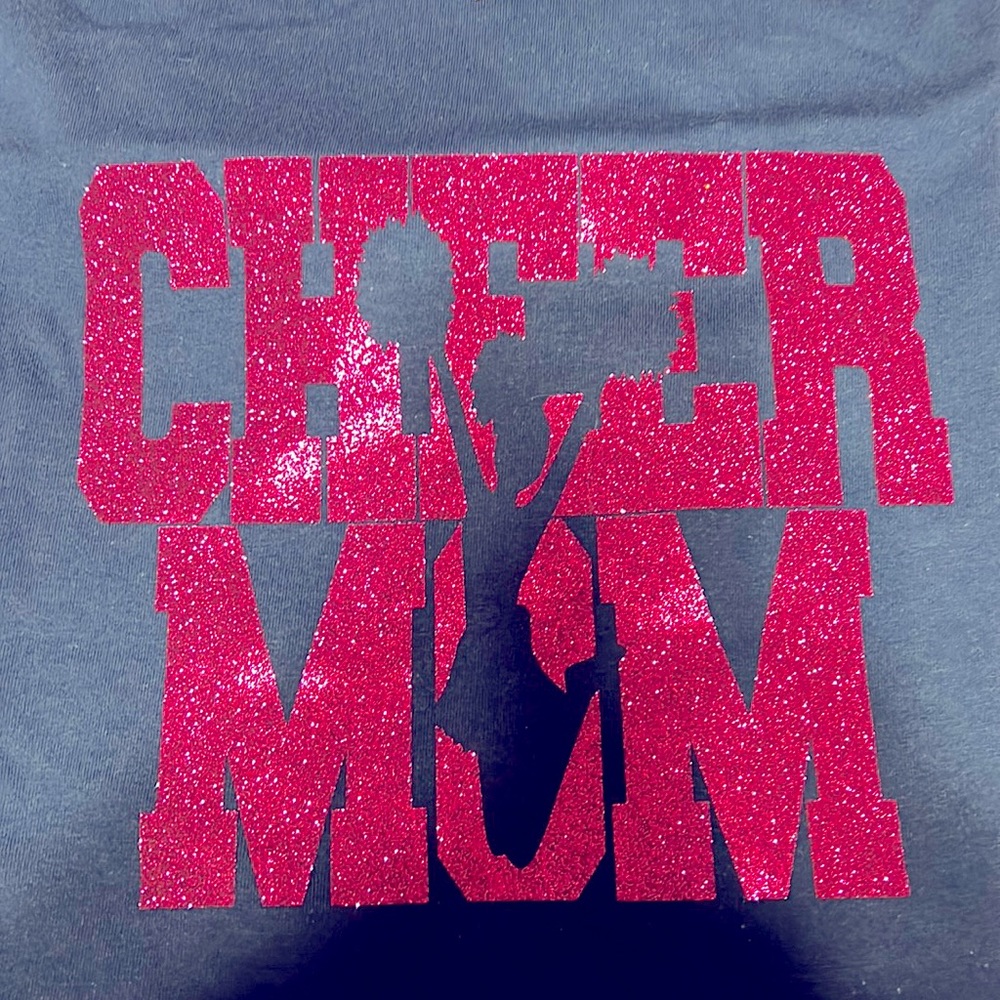 Gildan short sleeve T-shirt navy blue with fuchsia glitter image.